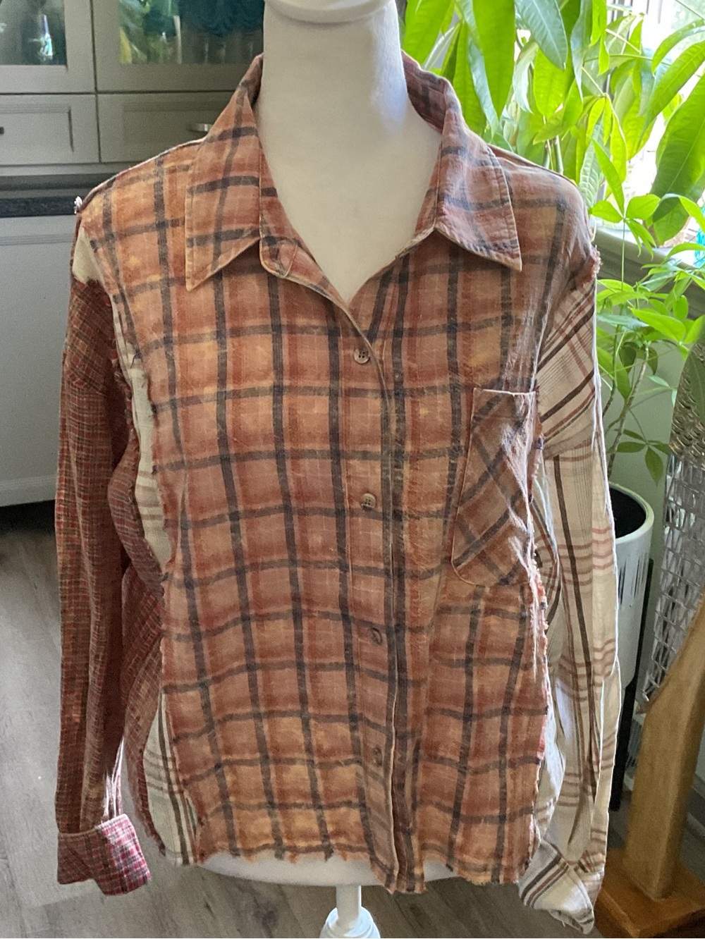 Mystree Patchwork Plaid Jean Jacket in Rust and Cream Tones